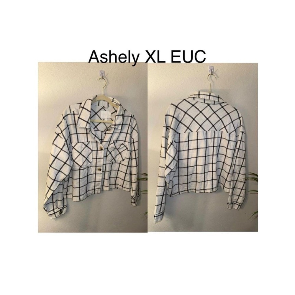 Ashley Stewart Womens XL White Black Windowpane Cropped Utility Jacket